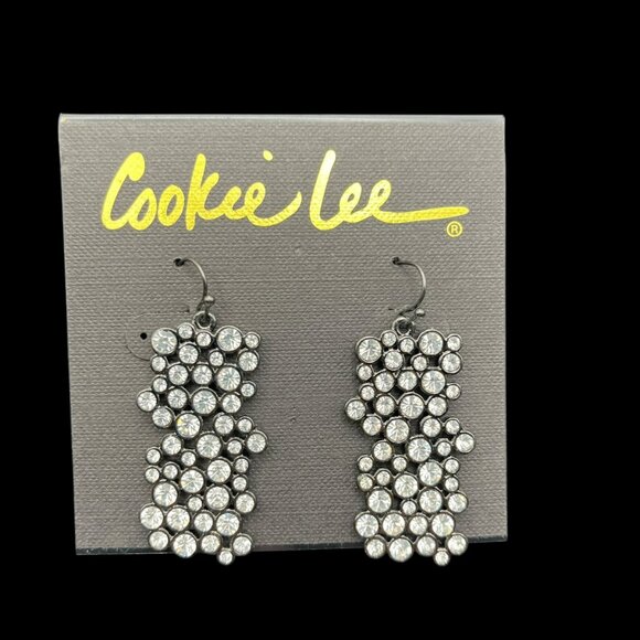 Vintage Cookie Lee Earrings Genuine Crystal Waterfall NEW Black Clear Crystals‎ - Picture 1 of 5